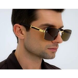 Rimless Sunglasses Square Dark Brown Lens Gold Trendy Classic Retro Shades Gafas
